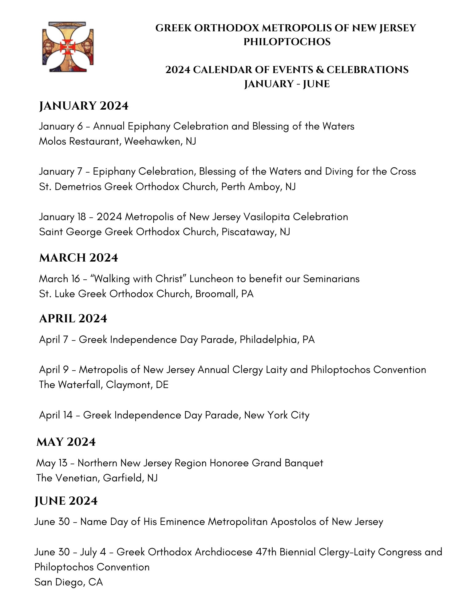 Calendar Metropolis of New Jersey Philoptochos